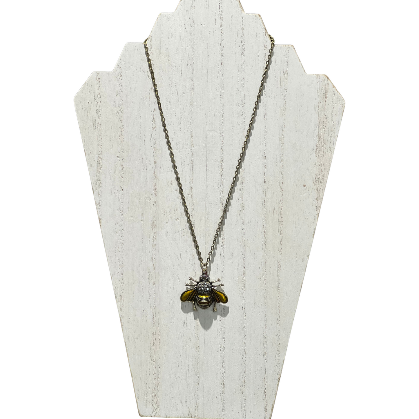 Cross Pollinator Rhinestone and Enamel Bumblebee Brass Necklace