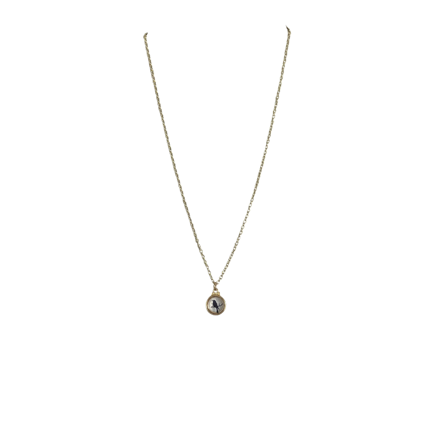 Sparrows Gold Tone Necklace with a Glass Transparent Black Sparrow Pendant