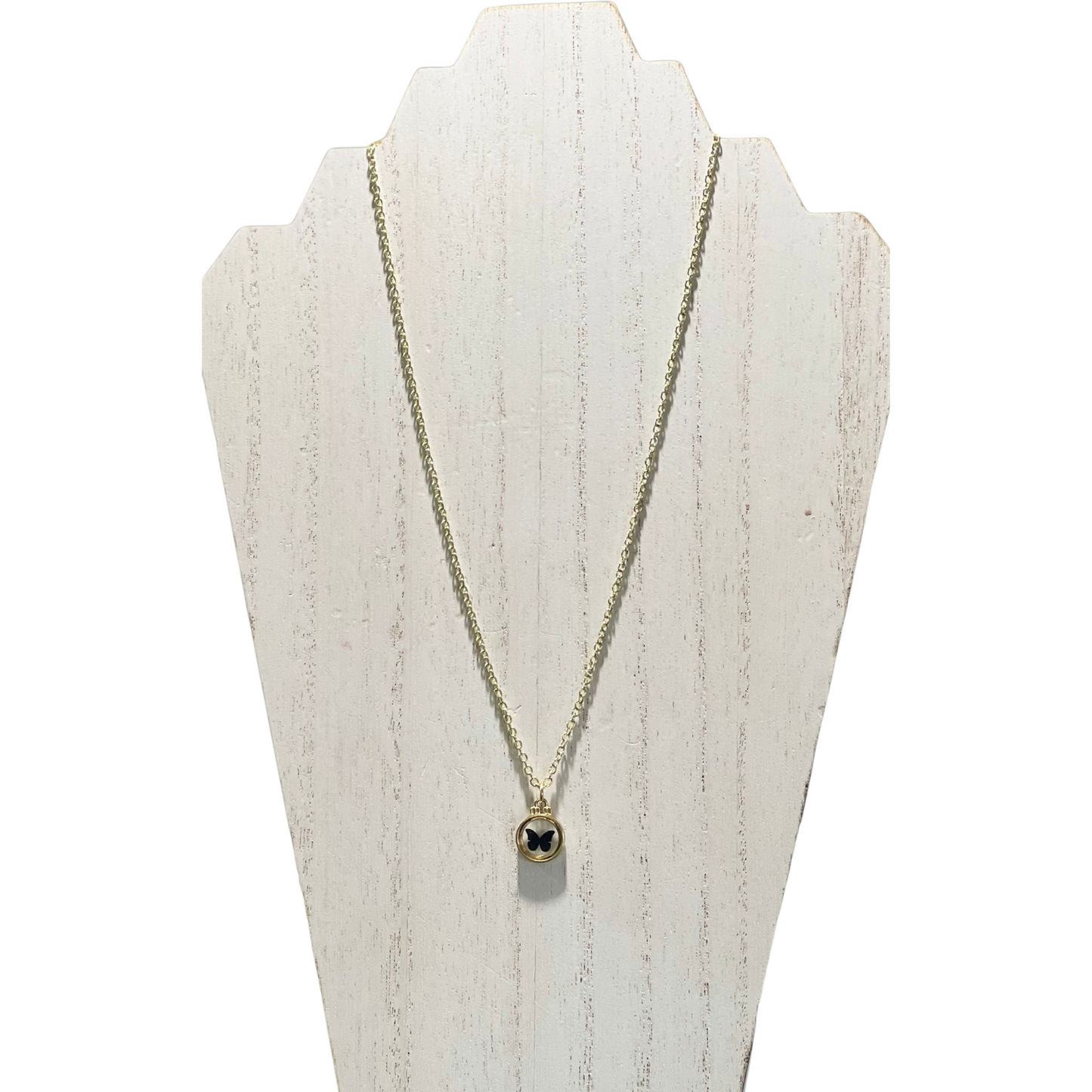 Butterfly Gold Tone Necklace with a Black Butterfly Glass Pendant