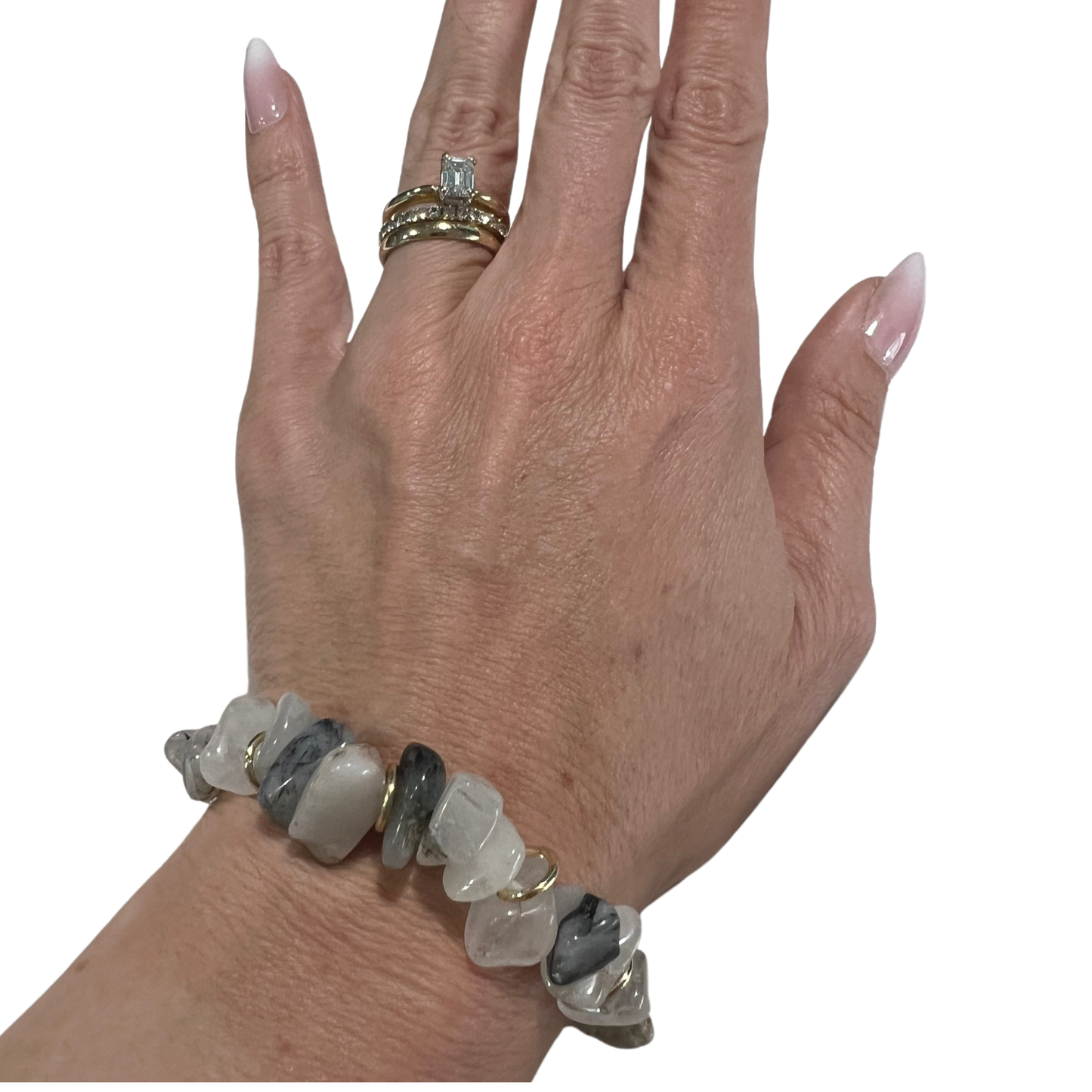 White and Grey Rutilated Quartz Stretch Bracelet with 18K Gold FindingsThe Bridal Call Collection Style 2