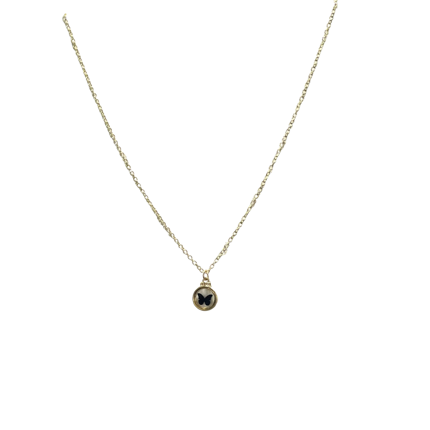 Butterfly Gold Tone Necklace with a Black Butterfly Glass Pendant