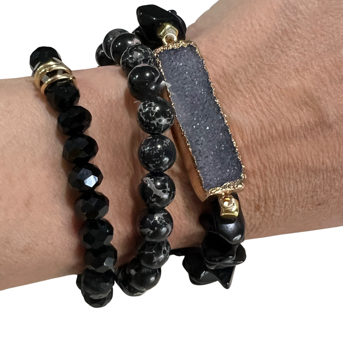 Black Obsidian Stretch Bracelet With Gold Plated Dipped Druzy- Mysteries of Heaven Style 3
