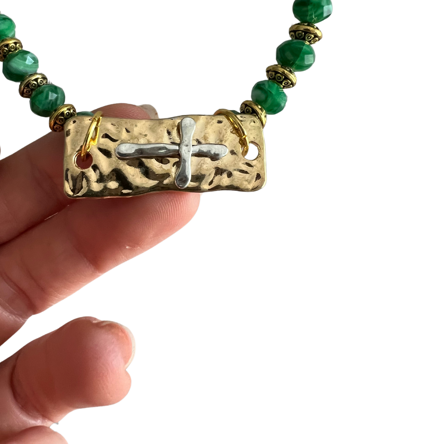 Healing in His Hem Tiger's Eye Green Glass Necklace with Gold tone and Pewter Cross Pendant