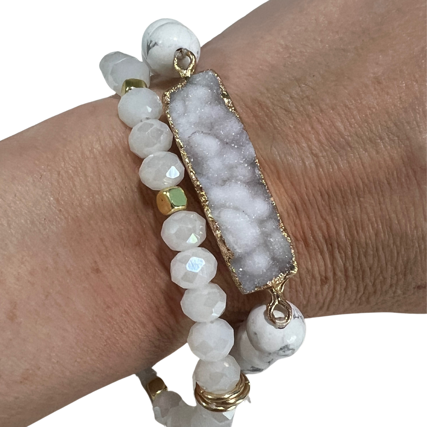 Marbled Howlite Beaded Bracelet with Sparkling 18K Gold Plated Druzy The Bridal Call Collection Style 3