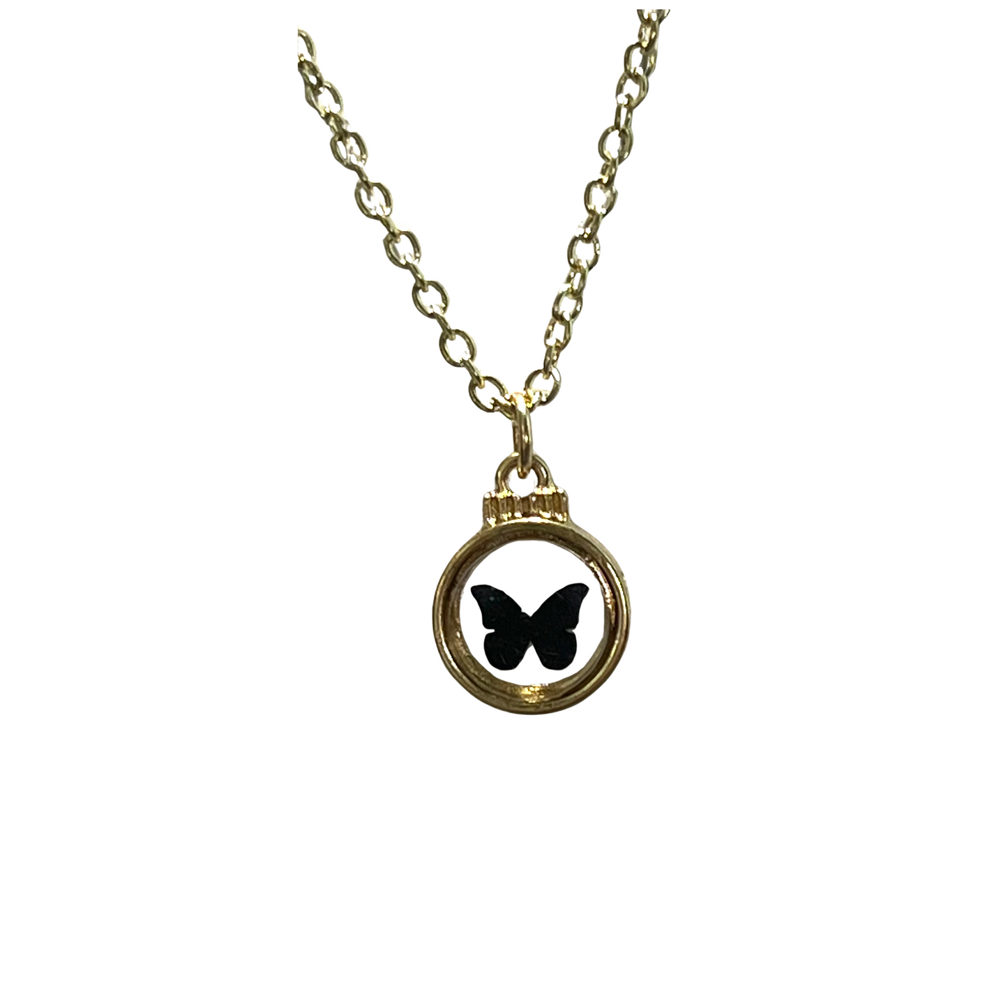 Butterfly Gold Tone Necklace with a Black Butterfly Glass Pendant