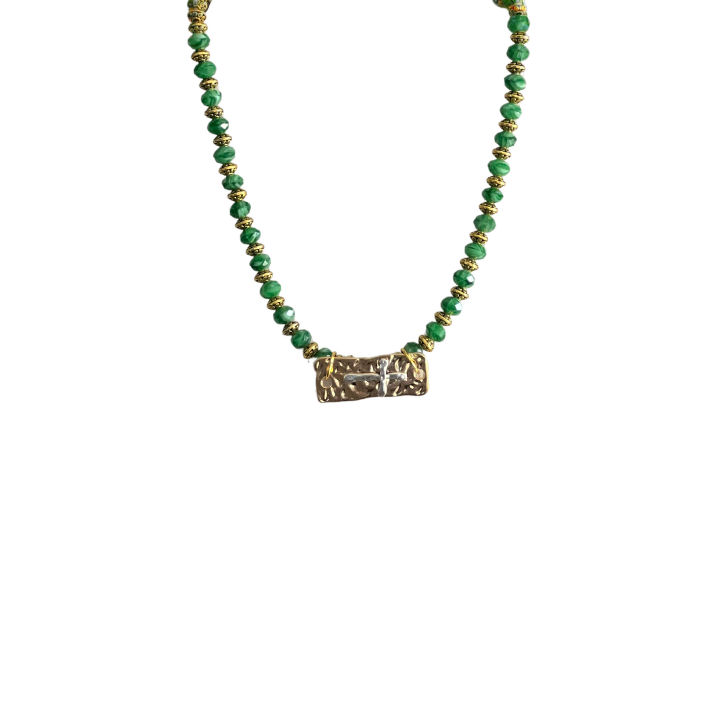 Healing in His Hem Tiger's Eye Green Glass Necklace with Gold tone and Pewter Cross Pendant