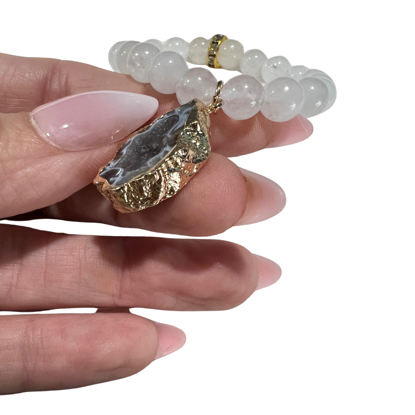 White Agate Beads and 18K Gold-Dipped Druzy Pendant- The Bridal Call Collection Style 5