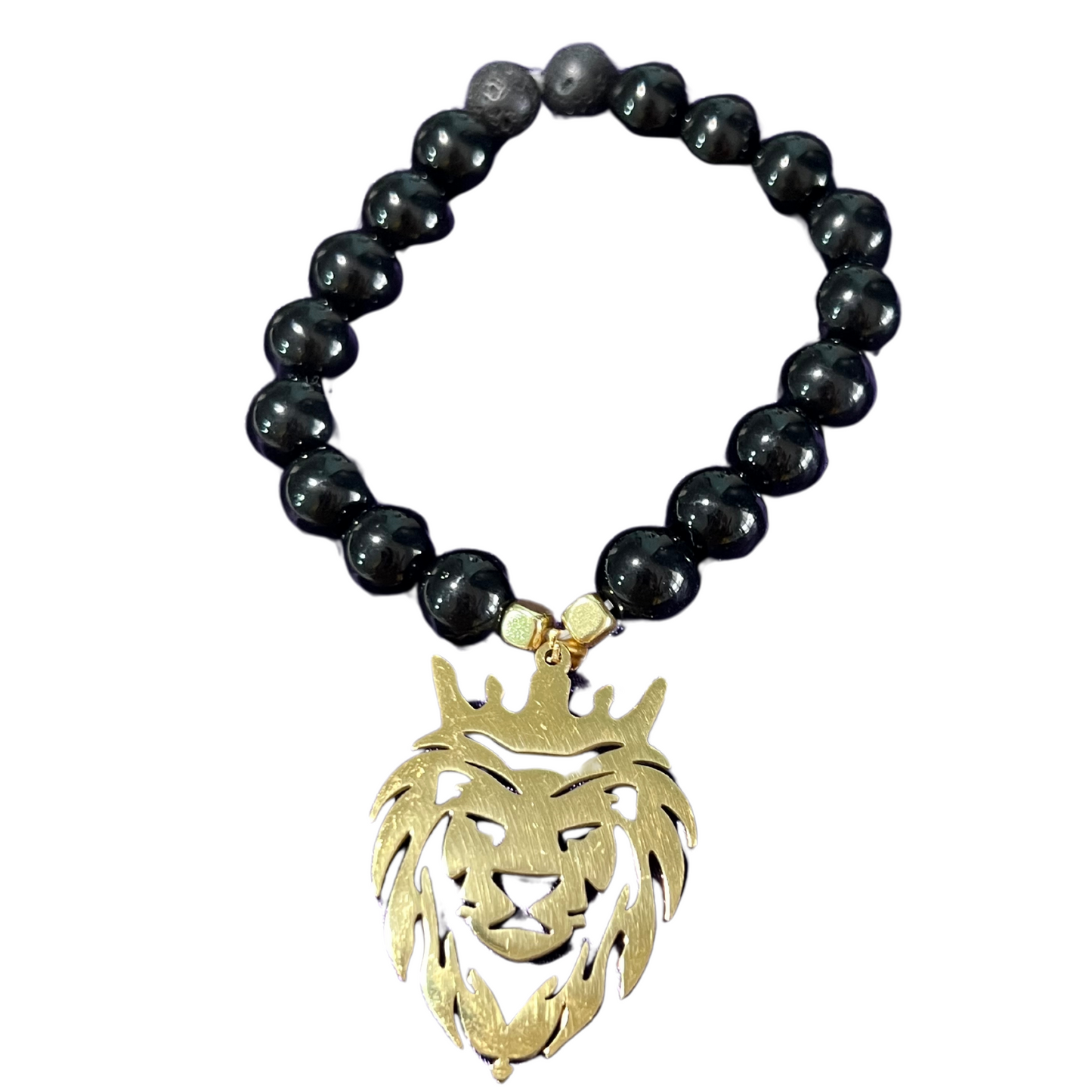 Lion of Judah Genuine Semi-Precious Onyx Stone Beads and Lava Stone Stretchy Cord Bracelet