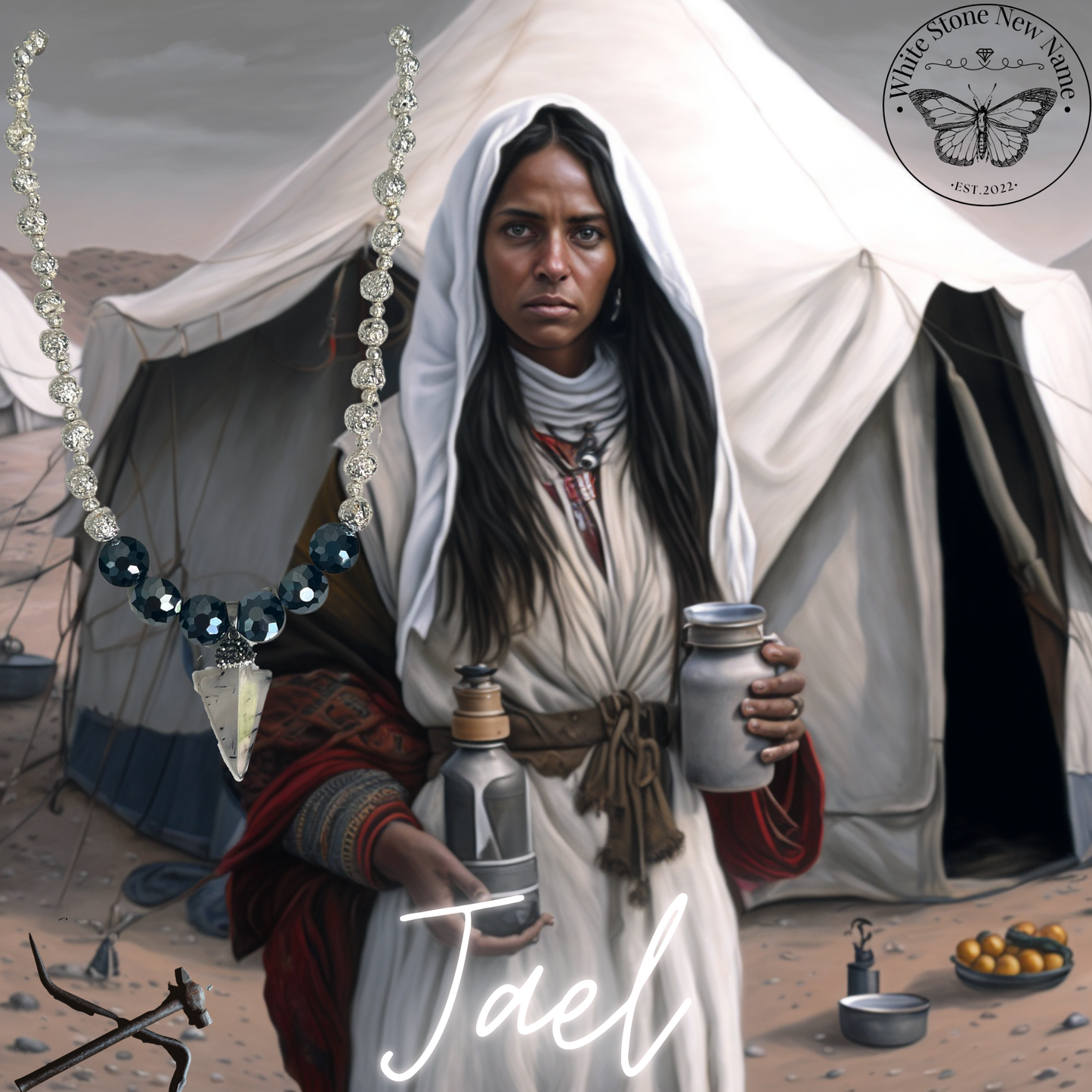 Jael Quartz, Black Lava Rock and Glass Beaded Necklace with Arrow Pendant