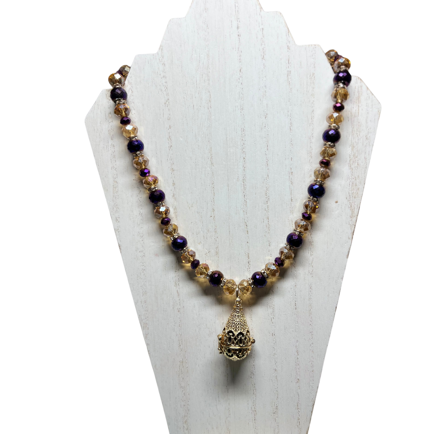 Esther Rising Purple and Gold Glass Necklace With Aromatherapy Pendant and Purple Silk Soaked Spikenard