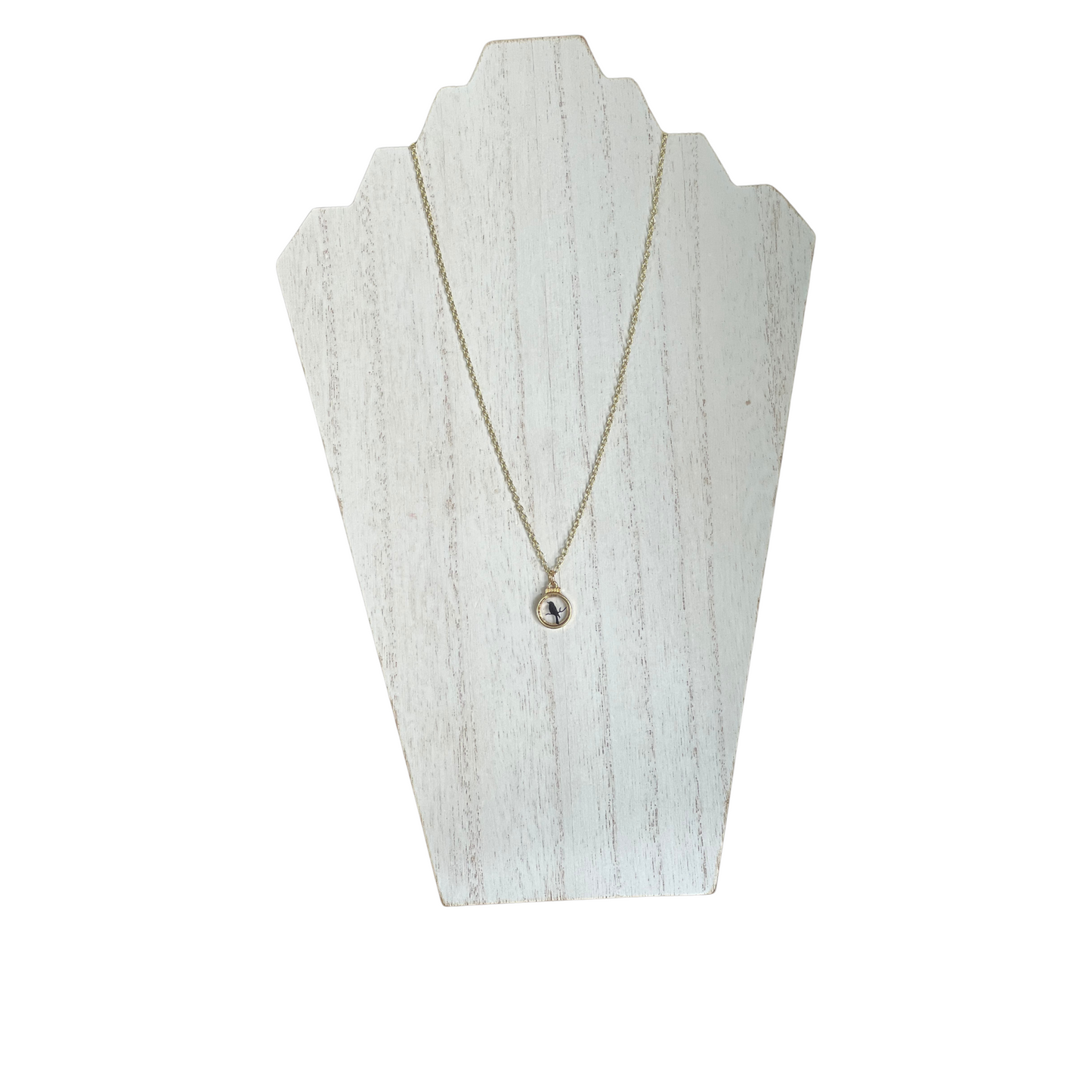 Sparrows Gold Tone Necklace with a Glass Transparent Black Sparrow Pendant