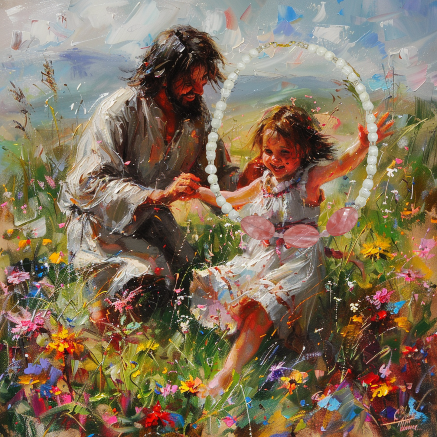 Child-Like Faith Mother of Pearl Necklace with Genuine Pearl and Cherry Quartz Gemstone