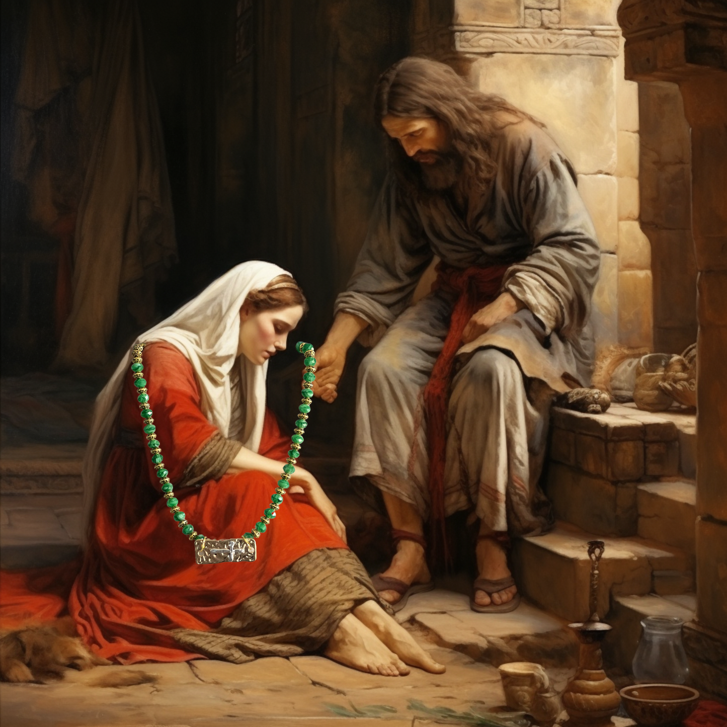 Healing in His Hem Tiger's Eye Green Glass Necklace with Gold tone and Pewter Cross Pendant