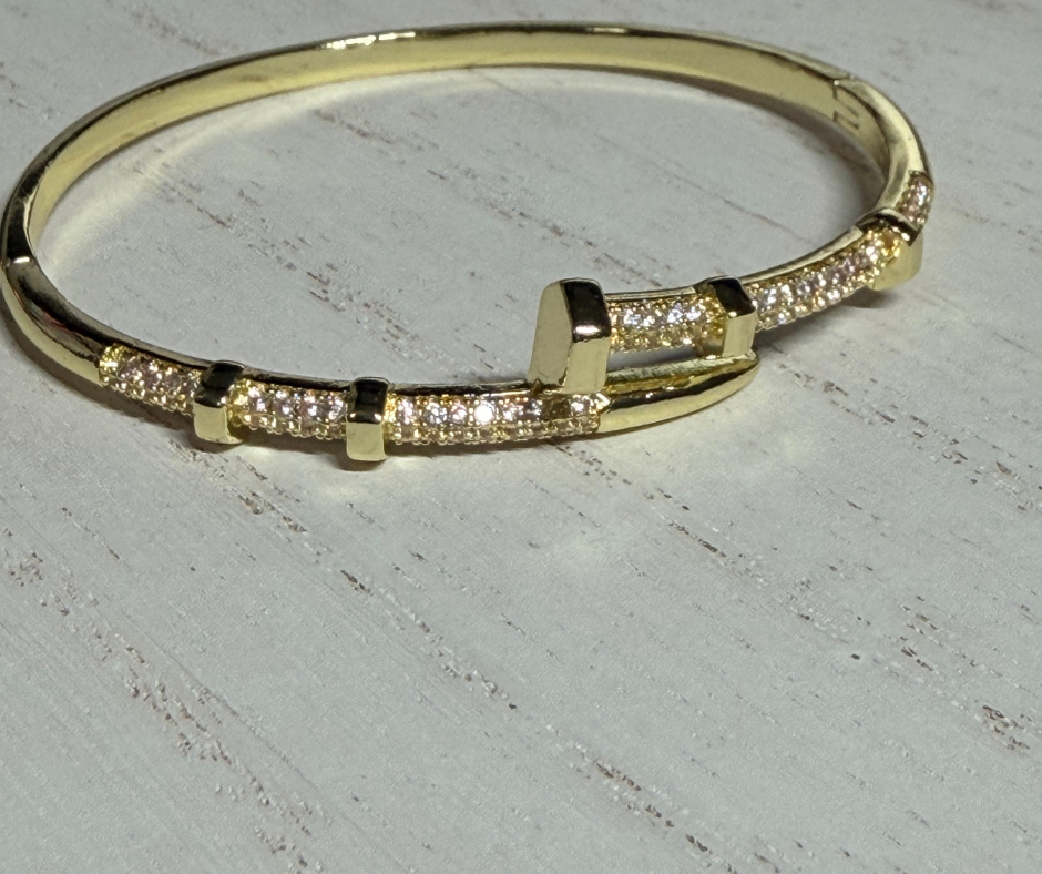 Pierced with Promise- 18K Gold Plated Hinged Nail Bangle with Studded Cubic Zirconia