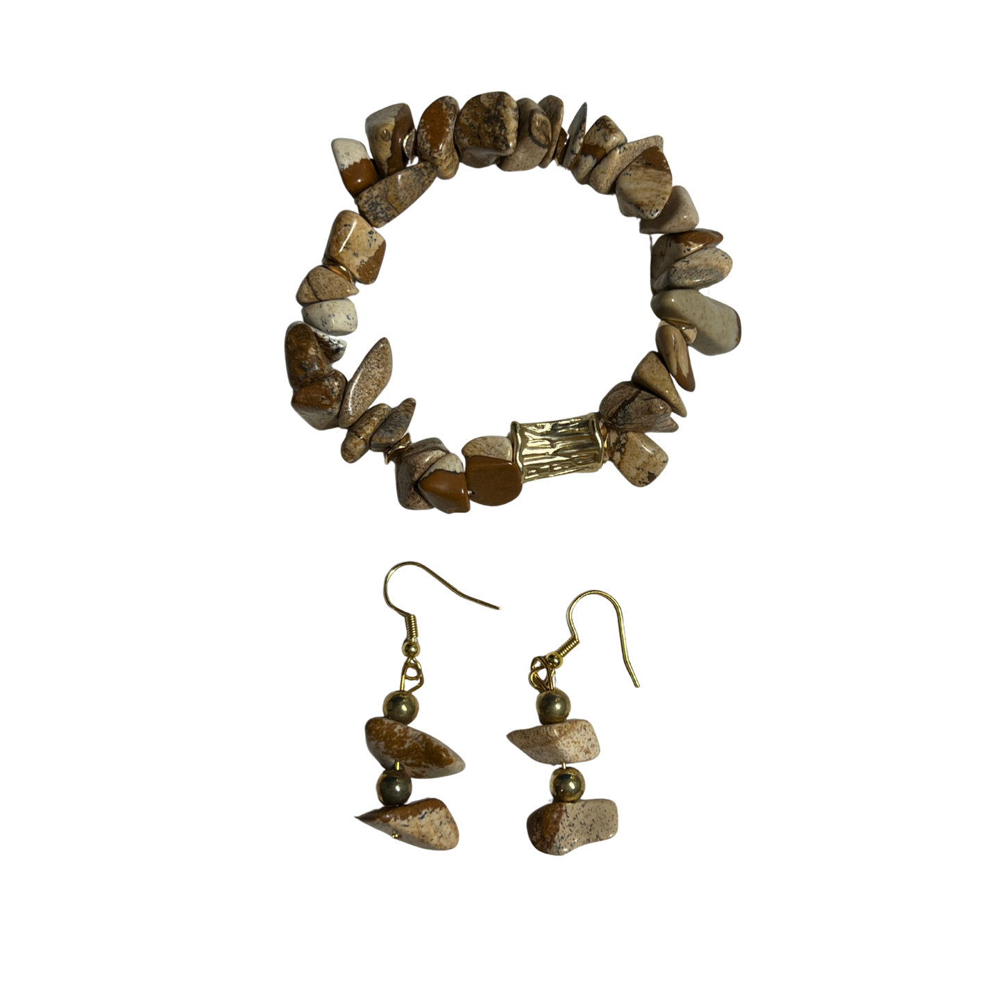 Stephen Bracelet and Earrings Set 18K Gold and Picture Jasper Stones