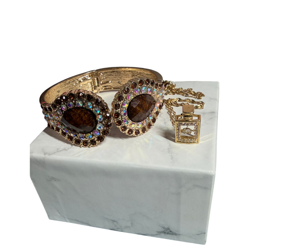 The Intercessor's Oil Gold Plated Necklace and Hinged Cabachon and Rhinestone Bracelet Bundle