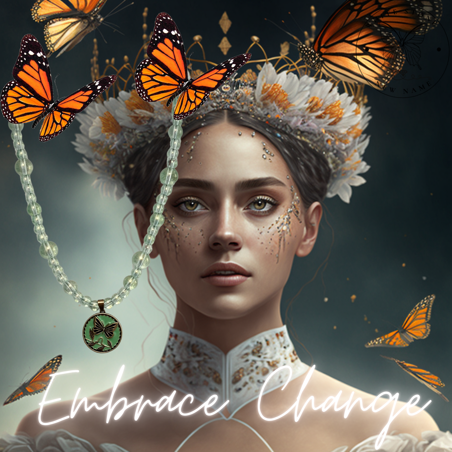 Embrace Change Necklace With Translucent Glass Beads and Enamel Butterfly Engraved Brass Pendant