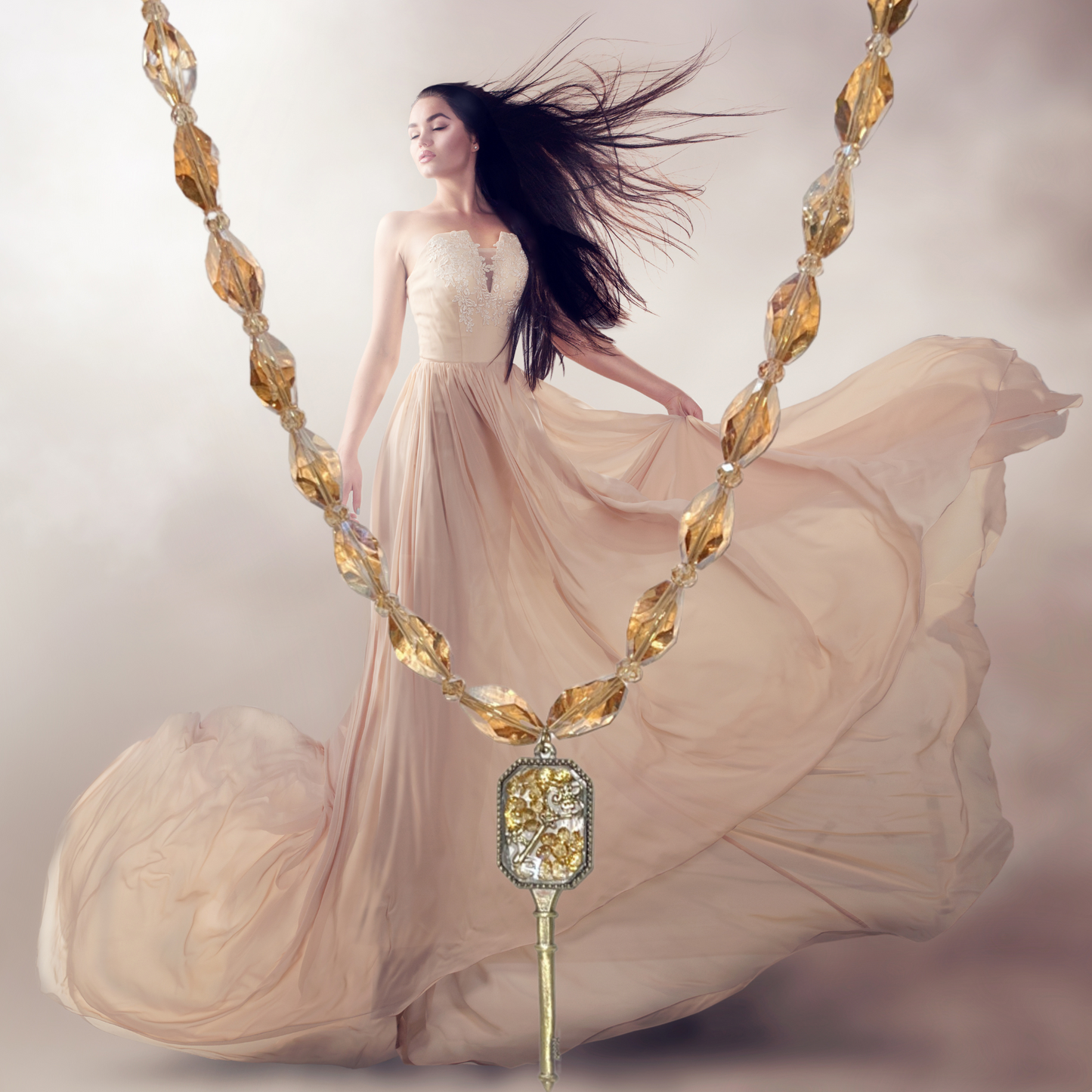 The Key Within the Key Beaded Necklace with a Gold Glass Key Pendant