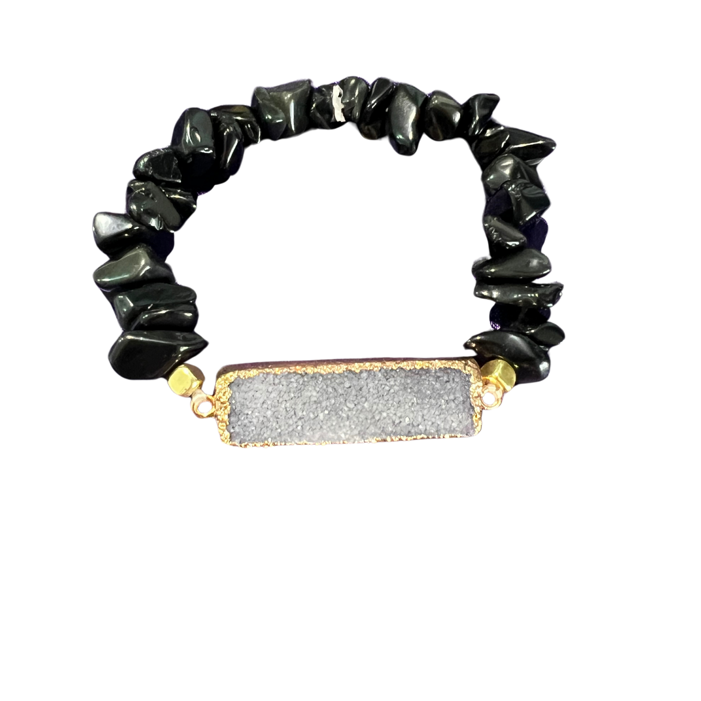 Black Obsidian Stretch Bracelet With Gold Plated Dipped Druzy- Mysteries of Heaven Style 3