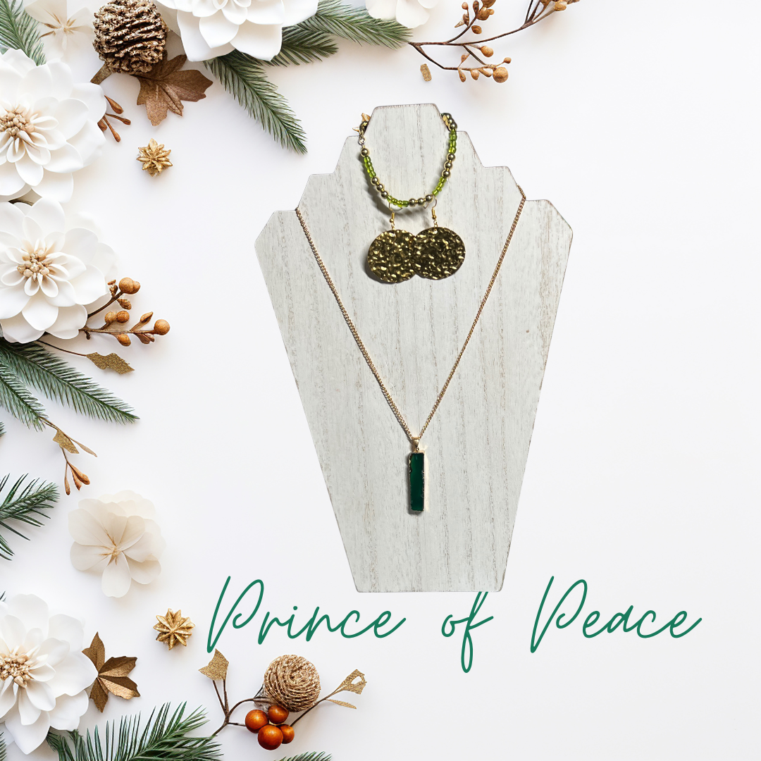 Prince of Peace SET Necklace, Earrings, and Bracelet with Hammered Gold and Translucent Pendant