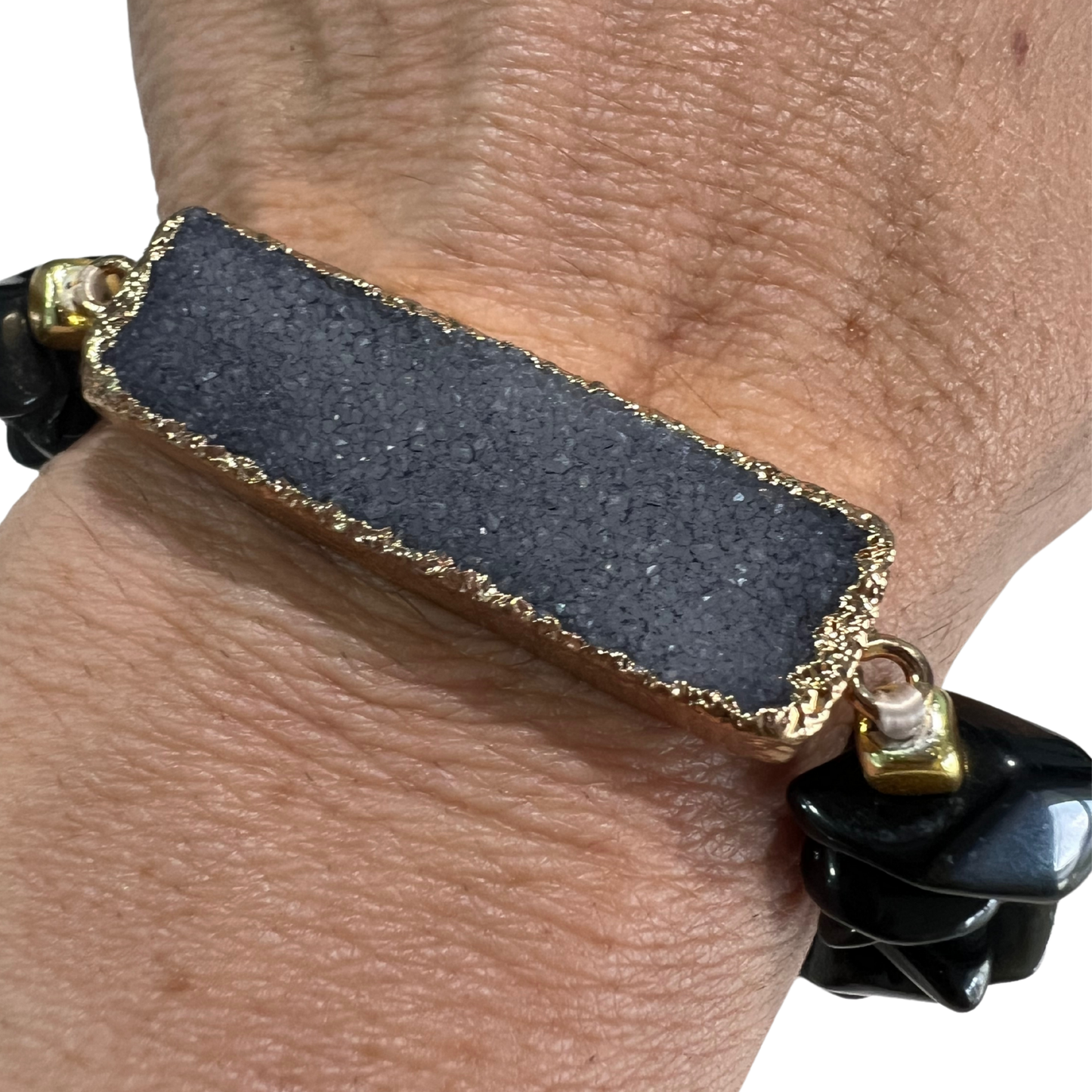 Black Obsidian Stretch Bracelet With Gold Plated Dipped Druzy- Mysteries of Heaven Style 3