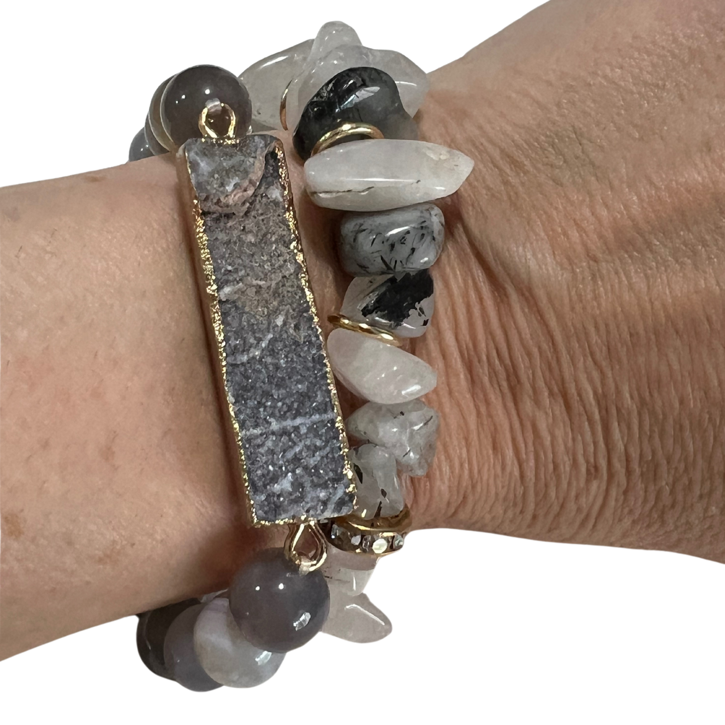 Marbled Grey Agate Stone Beaded Bracelet With 18K Gold Dipped Druzy The Bridal Call Callection- Style 1