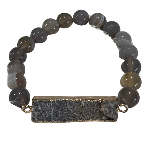 Marbled Grey Agate Stone Beaded Bracelet With 18K Gold Dipped Druzy The Bridal Call Callection- Style 1