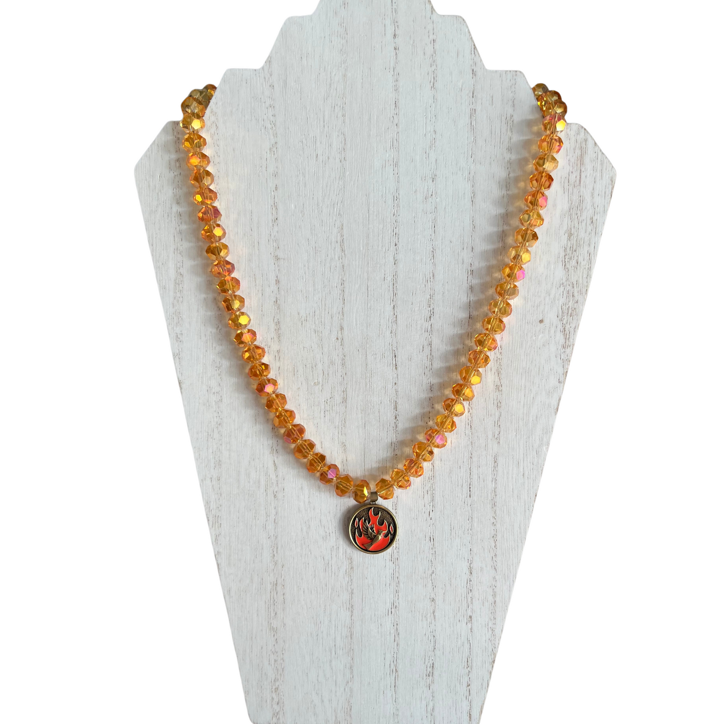 The Spirit of Might Fire Polished Orange Glass Faceted Beaded Necklace with Fire Pendant