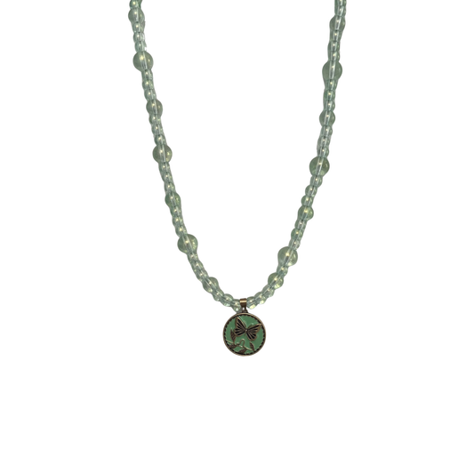 Embrace Change Necklace With Translucent Glass Beads and Enamel Butterfly Engraved Brass Pendant