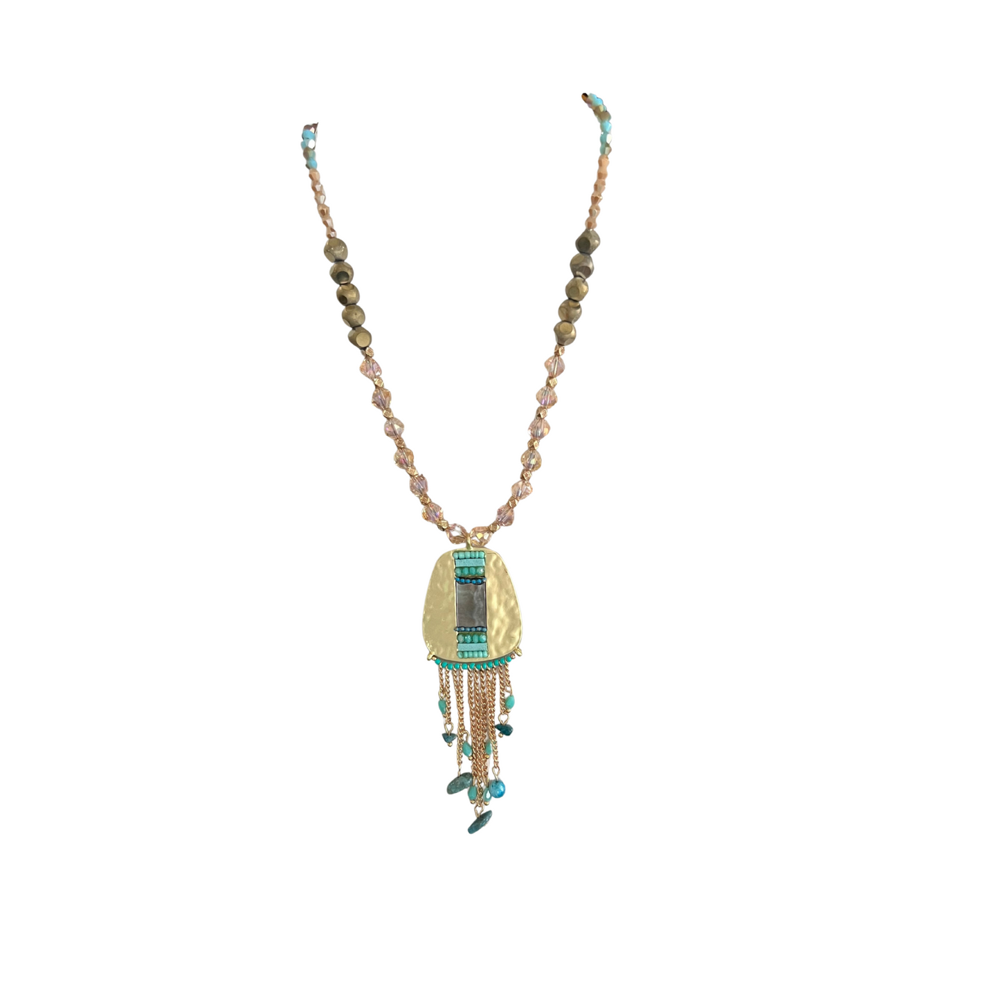 Dancing in the River Necklace with Glass Beads and A Gorgeous Statement Pendant With Blue Stones and Real Shell