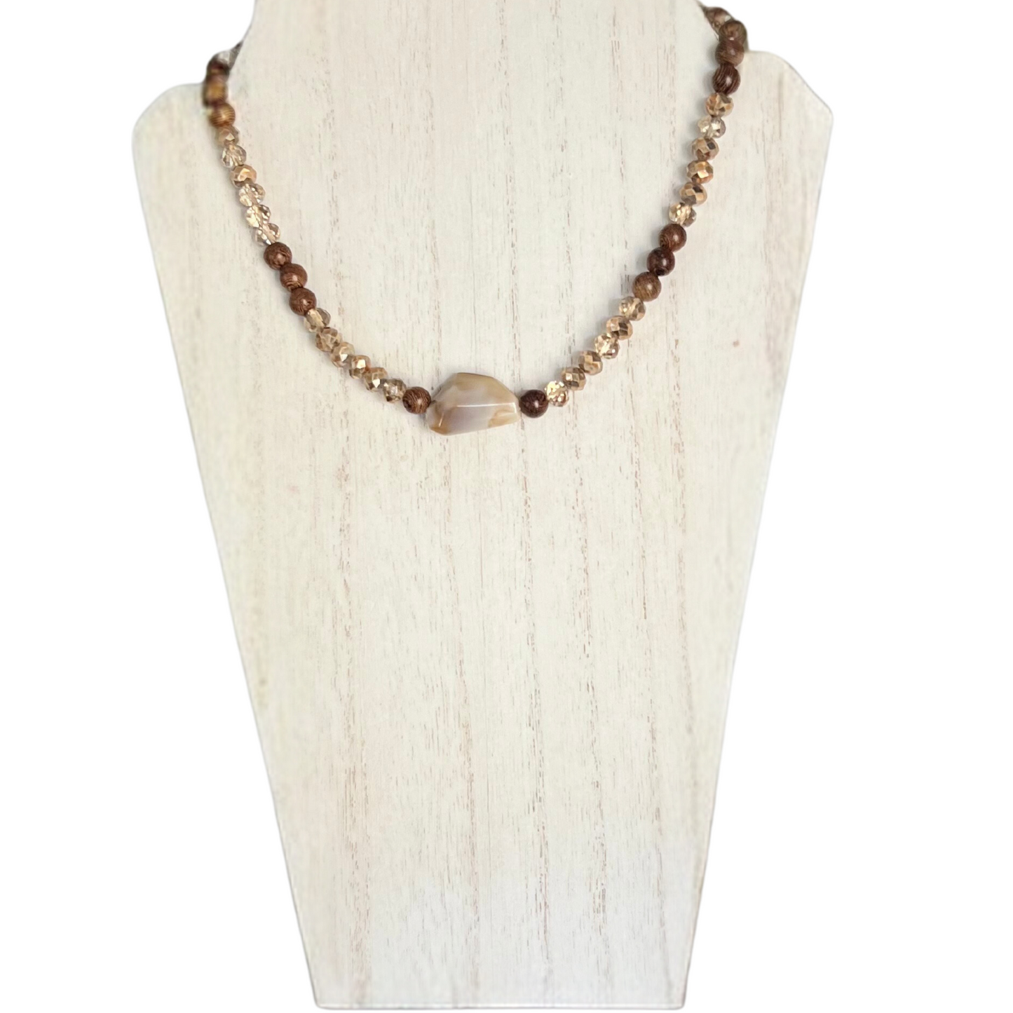 Bow of Bronze Necklace and Bracelets Made with Wood Beads, Quartz and Crystal Set