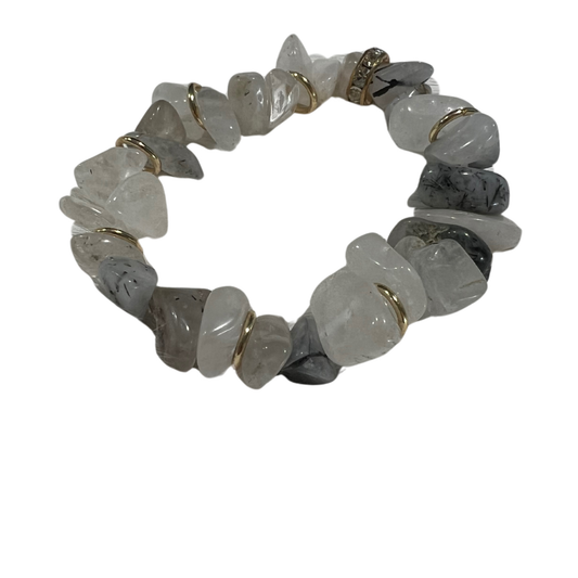 White and Grey Rutilated Quartz Stretch Bracelet with 18K Gold FindingsThe Bridal Call Collection Style 2