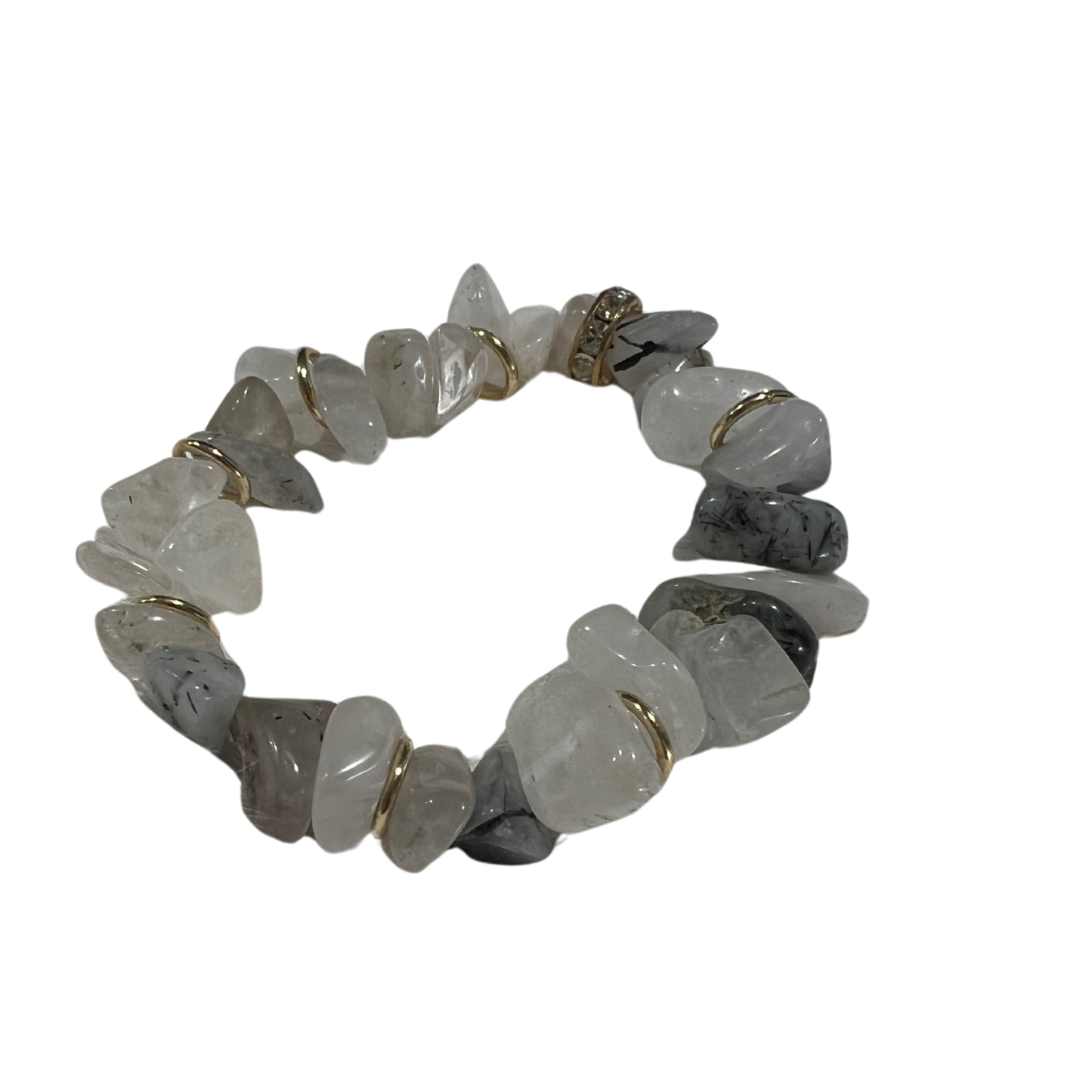 White and Grey Rutilated Quartz Stretch Bracelet with 18K Gold FindingsThe Bridal Call Collection Style 2