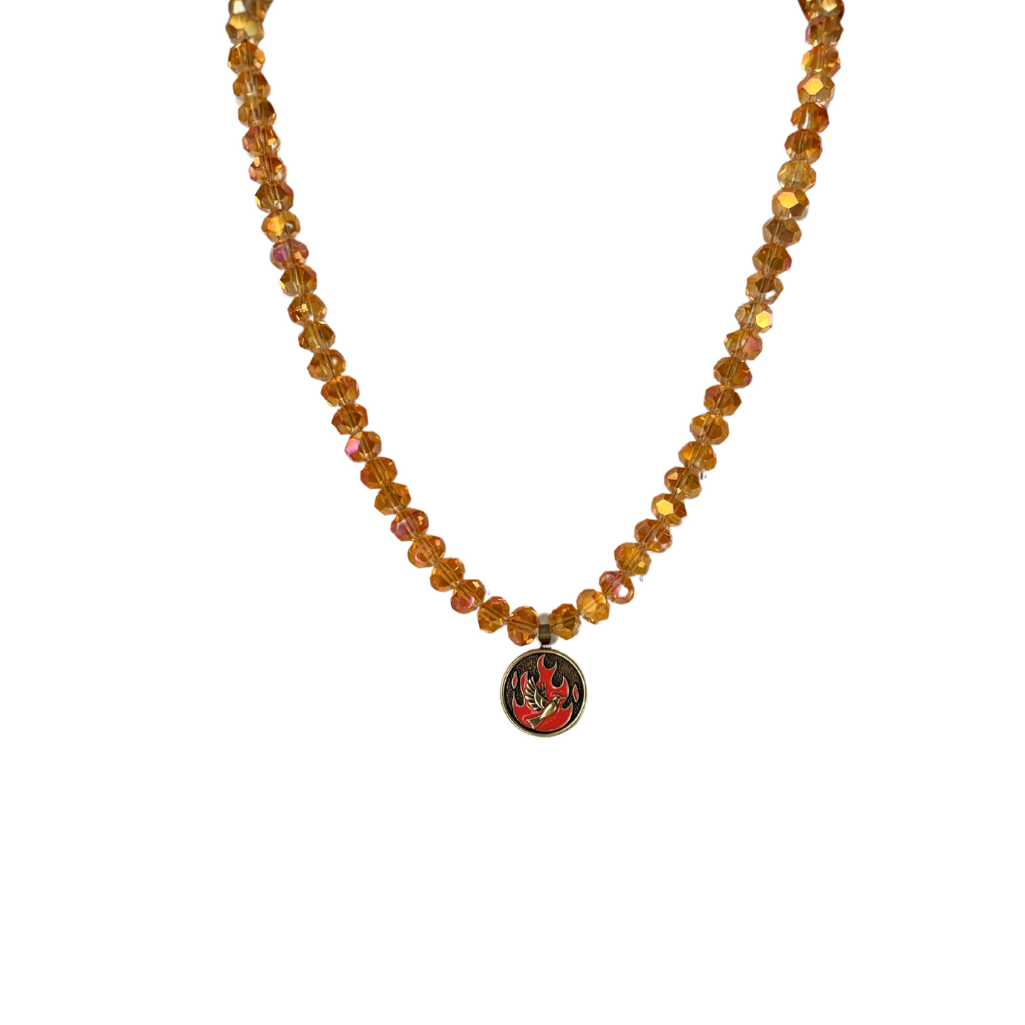 The Spirit of Might Fire Polished Orange Glass Faceted Beaded Necklace with Fire Pendant