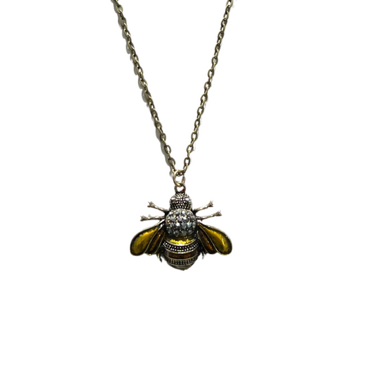 Cross Pollinator Rhinestone and Enamel Bumblebee Brass Necklace