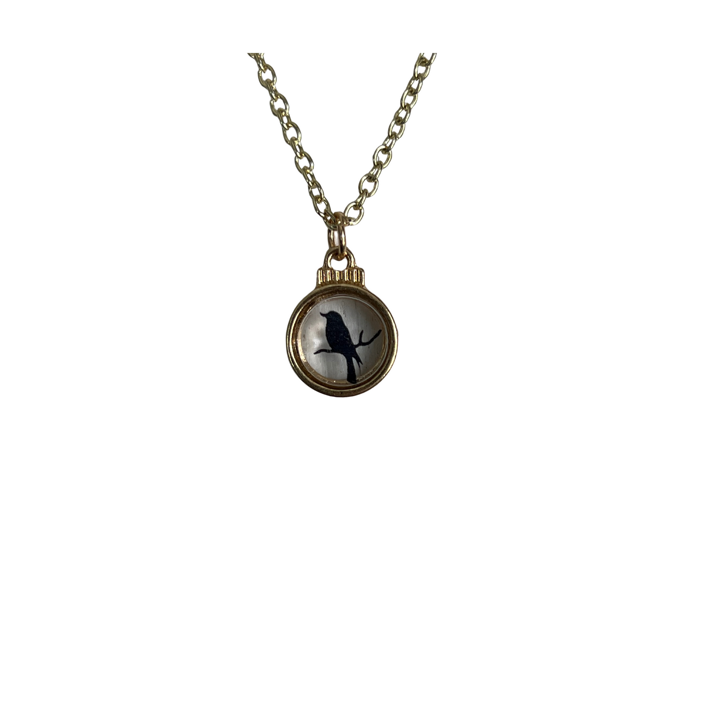 Sparrows Gold Tone Necklace with a Glass Transparent Black Sparrow Pendant