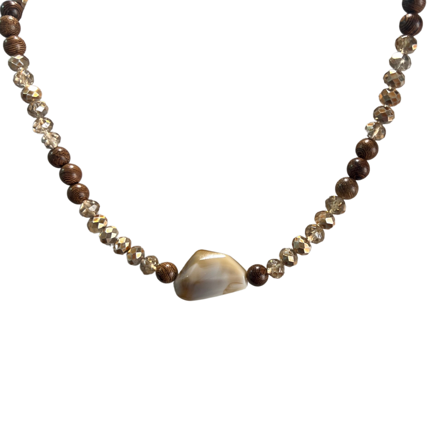 Bow of Bronze Necklace and Bracelets Made with Wood Beads, Quartz and Crystal Set