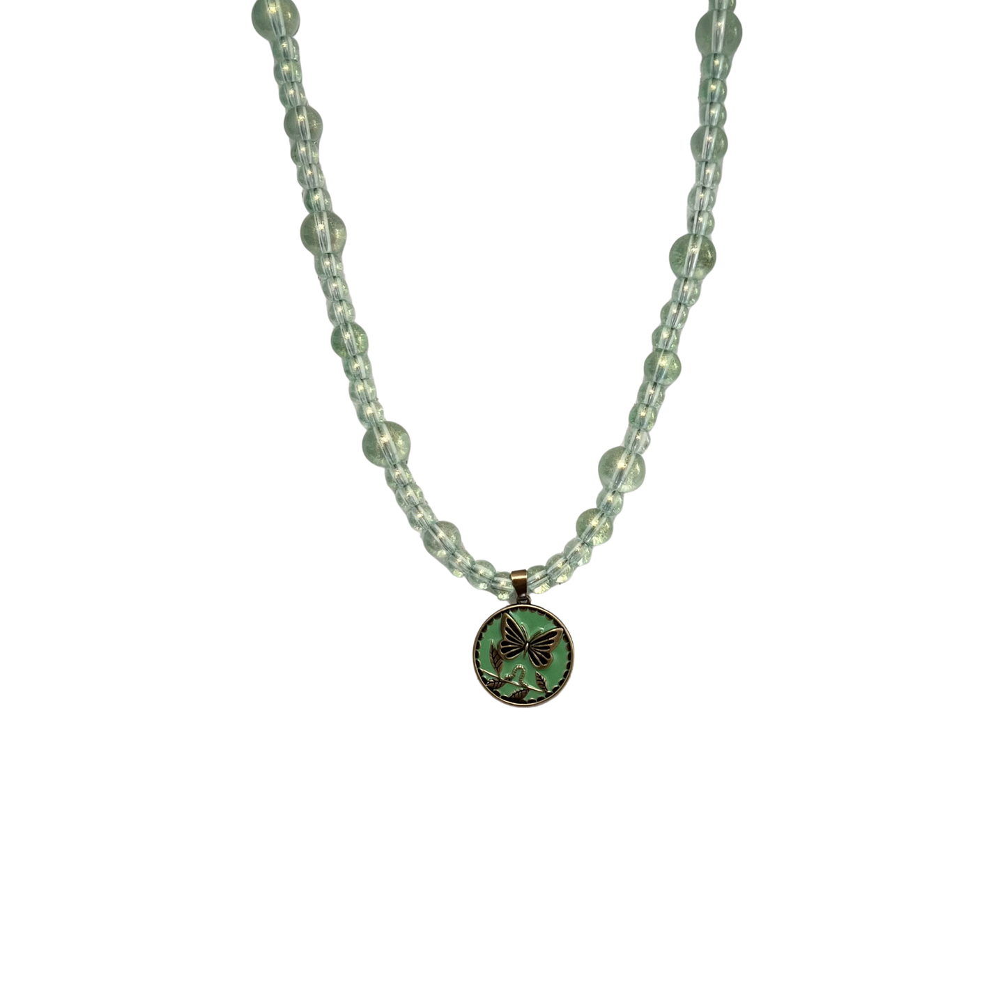 Embrace Change Necklace With Translucent Glass Beads and Enamel Butterfly Engraved Brass Pendant