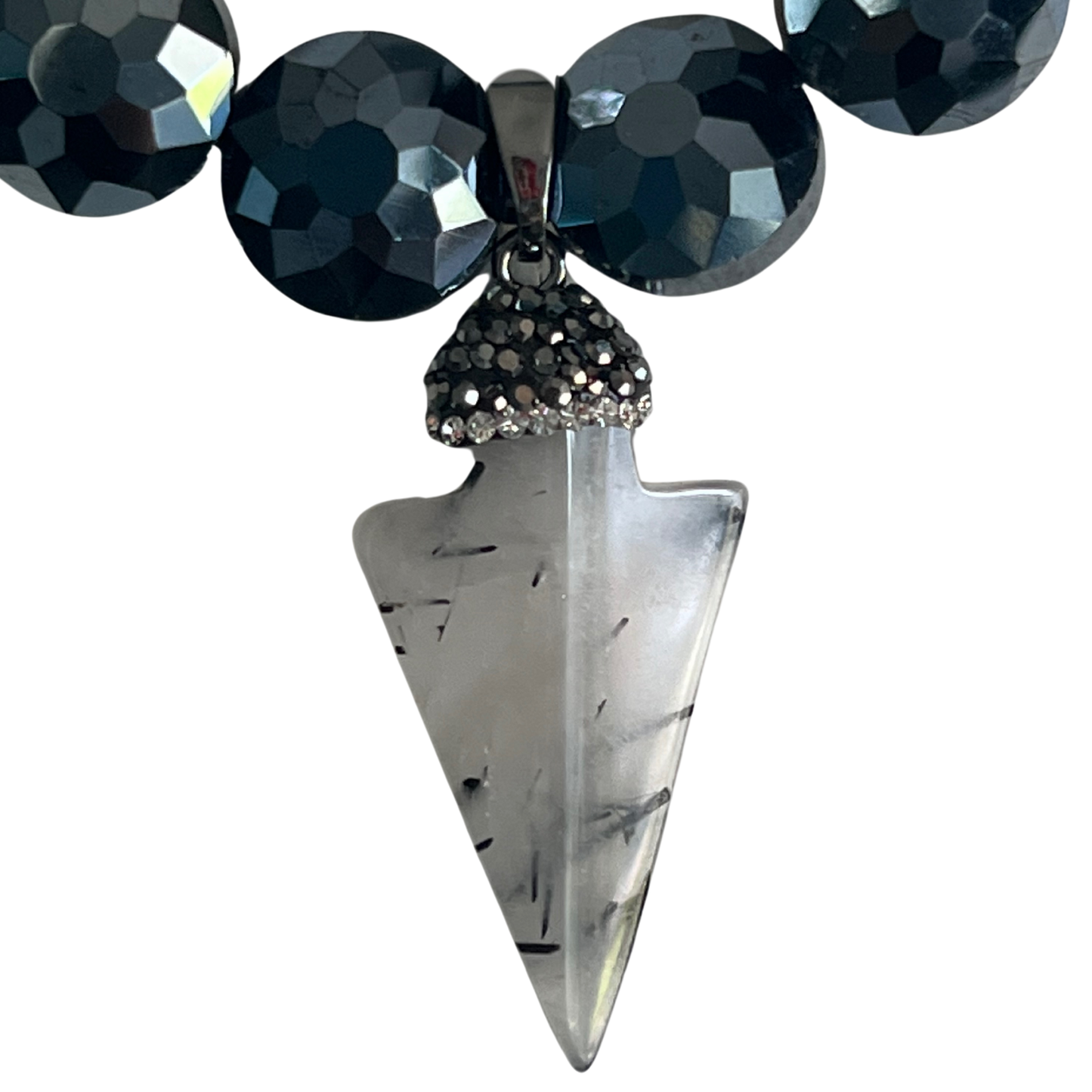 Jael Quartz, Black Lava Rock and Glass Beaded Necklace with Arrow Pendant