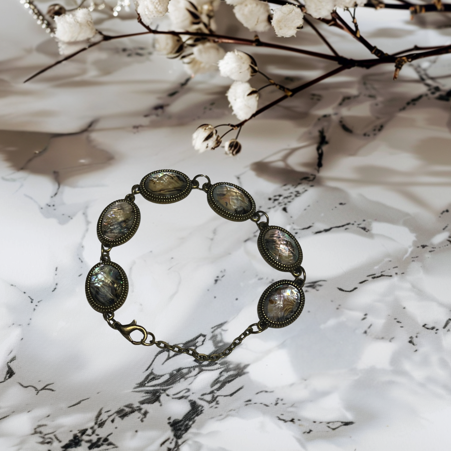 God’s Glory Brass Bracelet With Faceted Glory Stones in Blue, Green, and Purple Tones