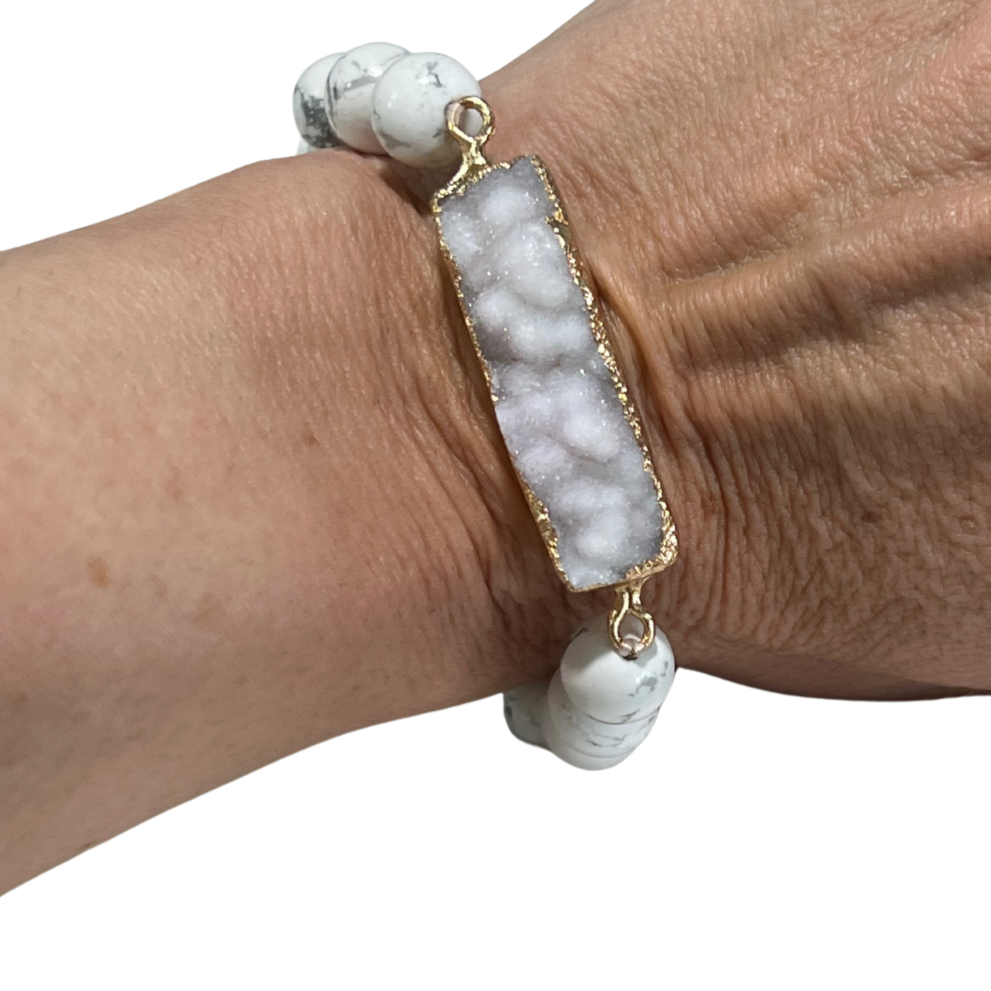 Marbled Howlite Beaded Bracelet with Sparkling 18K Gold Plated Druzy The Bridal Call Collection Style 3
