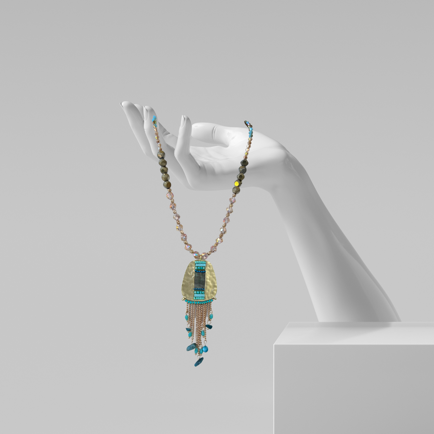 Dancing in the River Necklace with Glass Beads and A Gorgeous Statement Pendant With Blue Stones and Real Shell