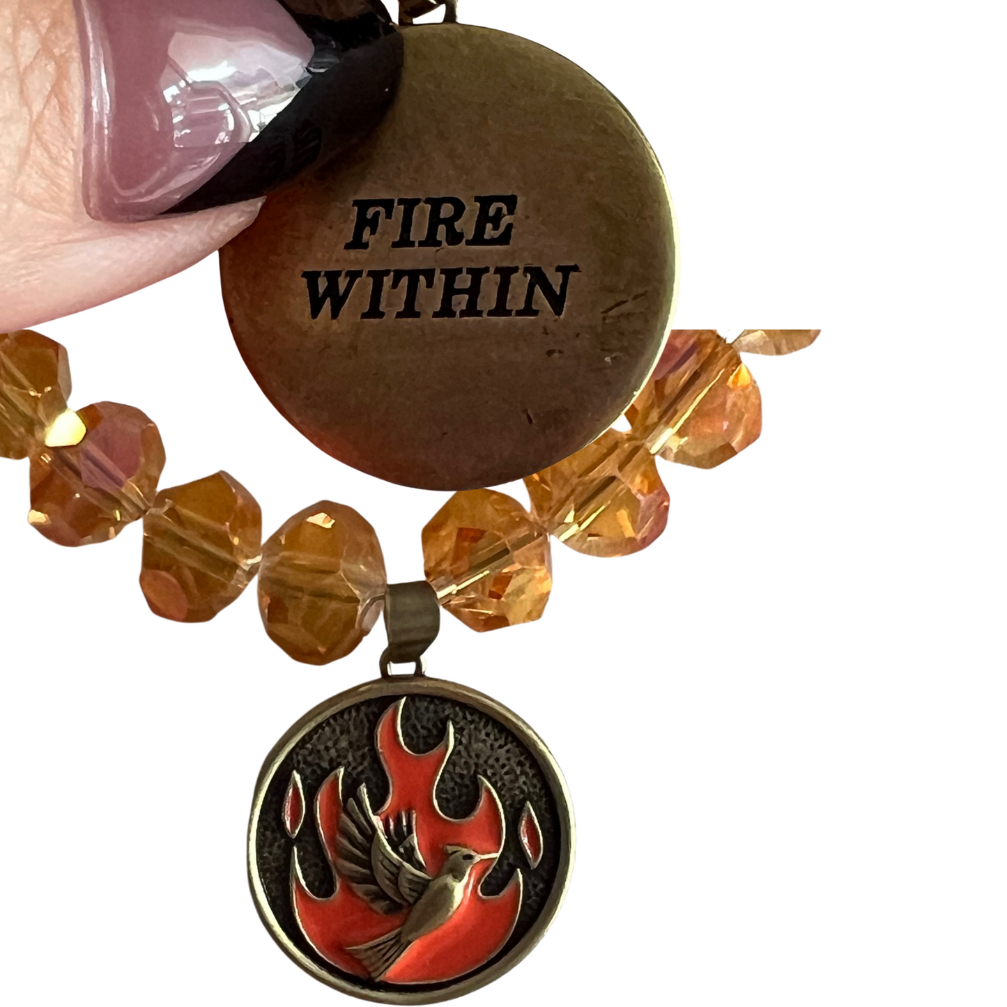 The Spirit of Might Fire Polished Orange Glass Faceted Beaded Necklace with Fire Pendant