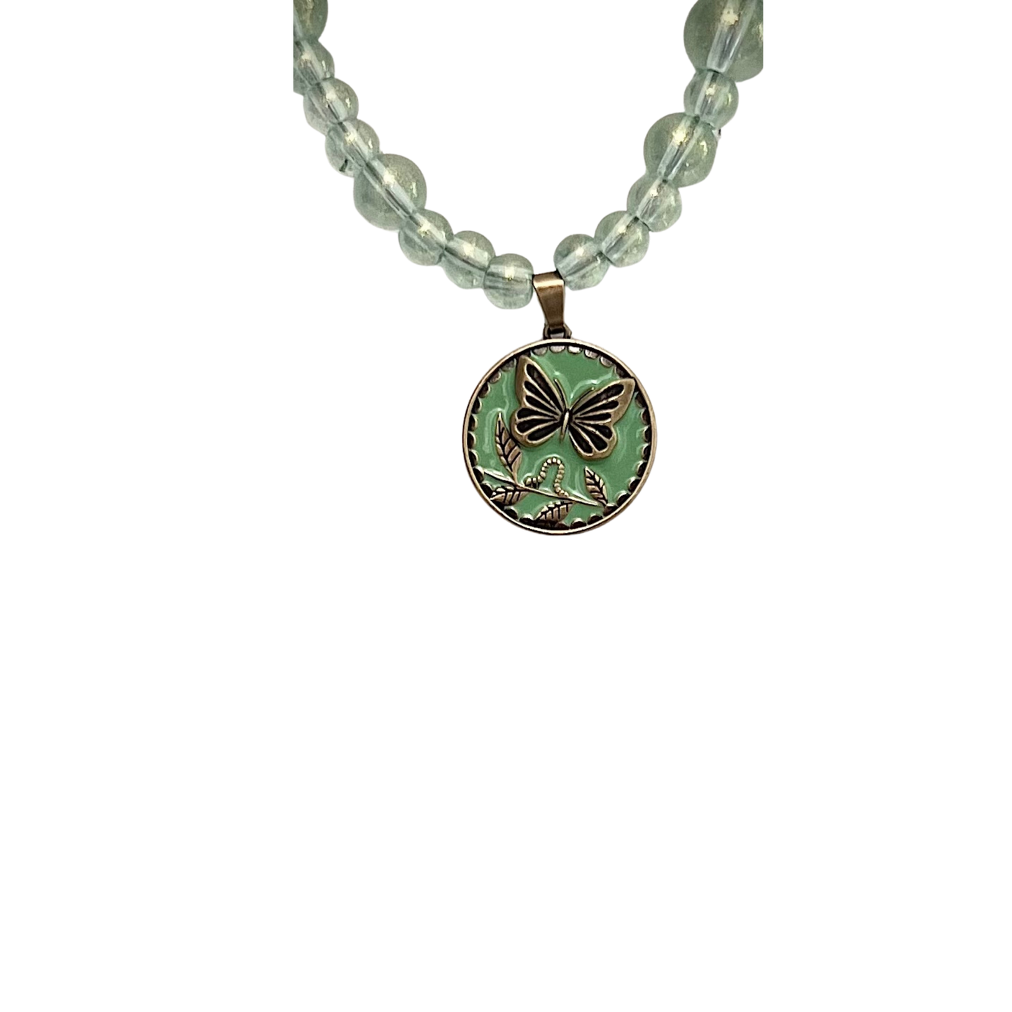 Embrace Change Necklace With Translucent Glass Beads and Enamel Butterfly Engraved Brass Pendant