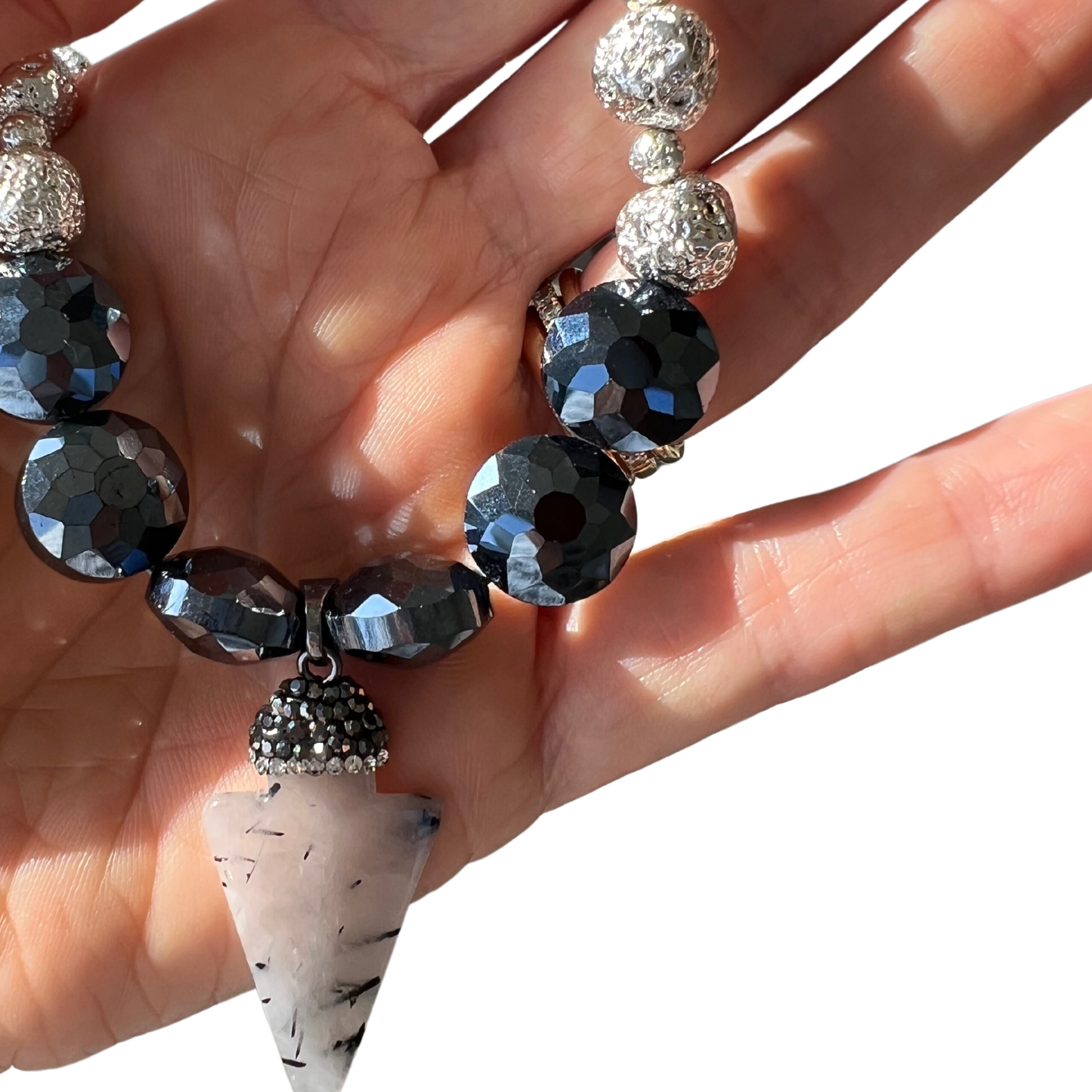 Jael Quartz, Black Lava Rock and Glass Beaded Necklace with Arrow Pendant
