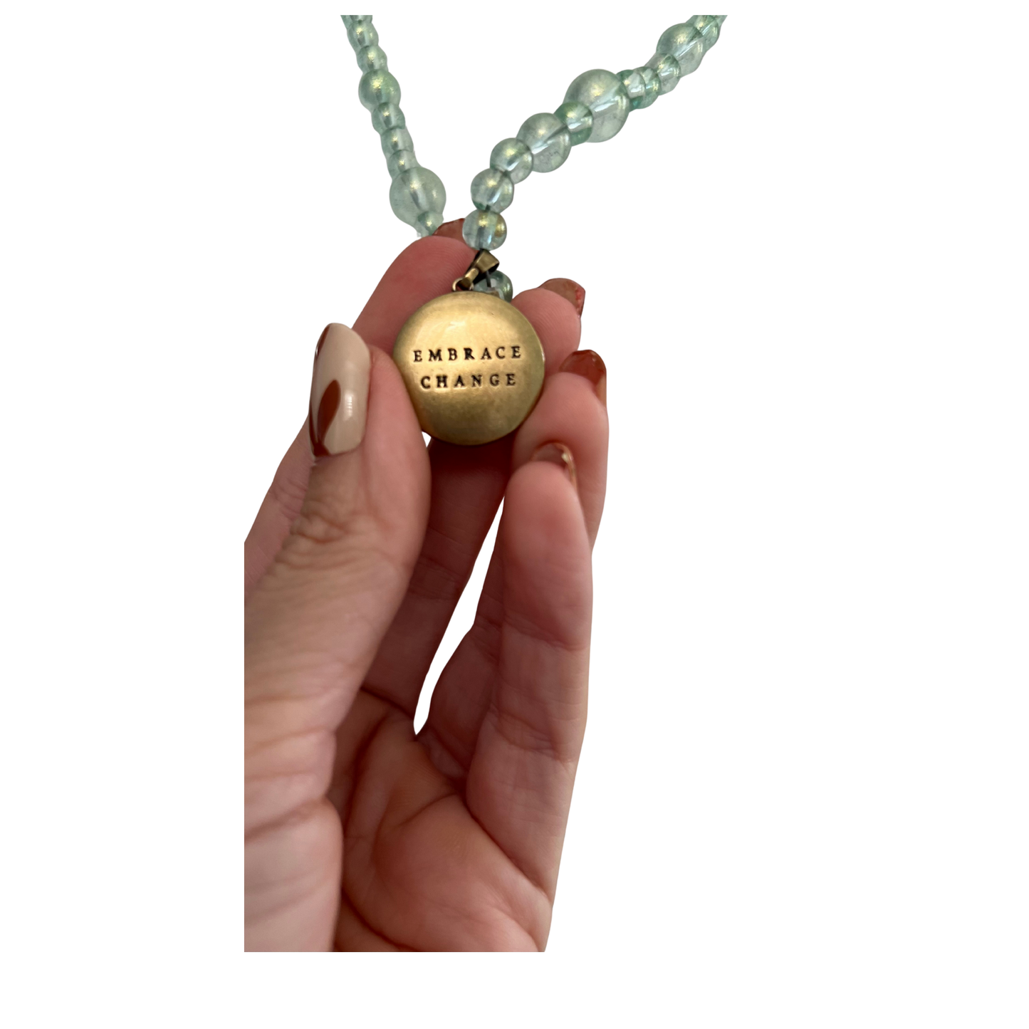 Embrace Change Necklace With Translucent Glass Beads and Enamel Butterfly Engraved Brass Pendant