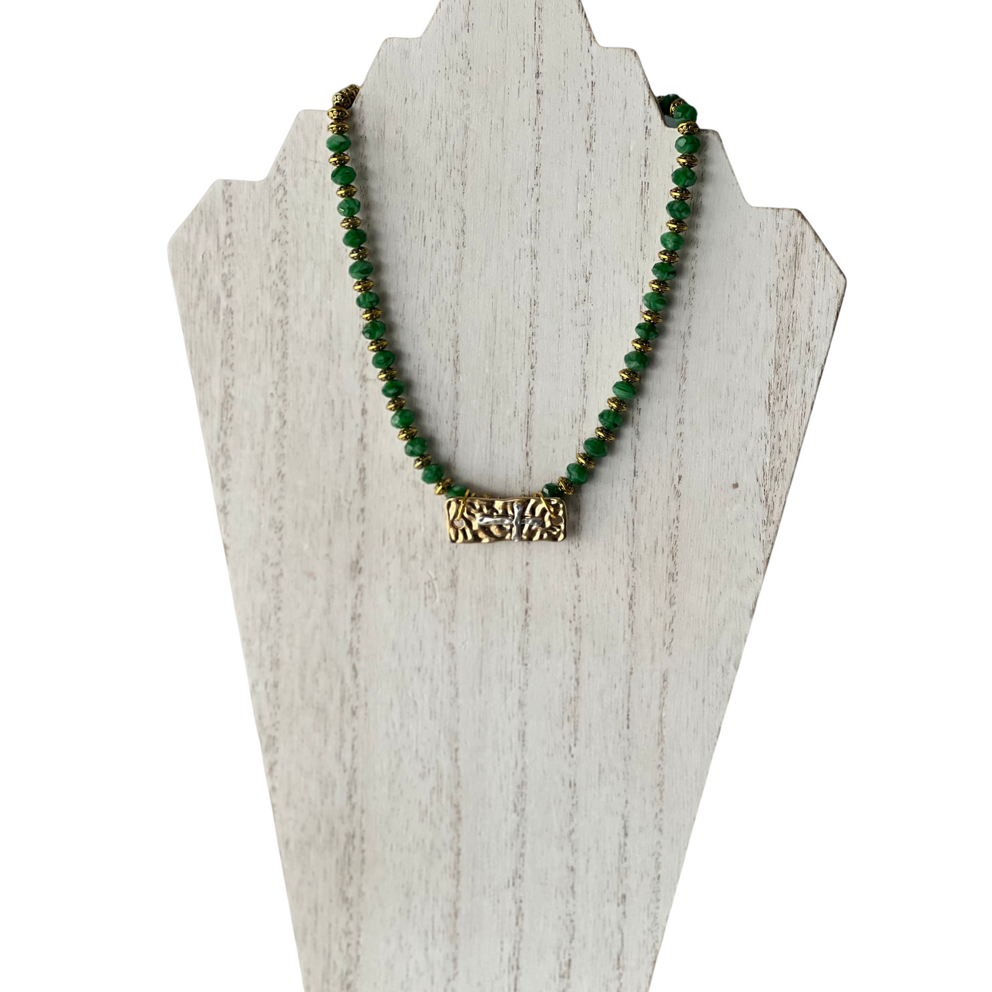 Healing in His Hem Tiger's Eye Green Glass Necklace with Gold tone and Pewter Cross Pendant