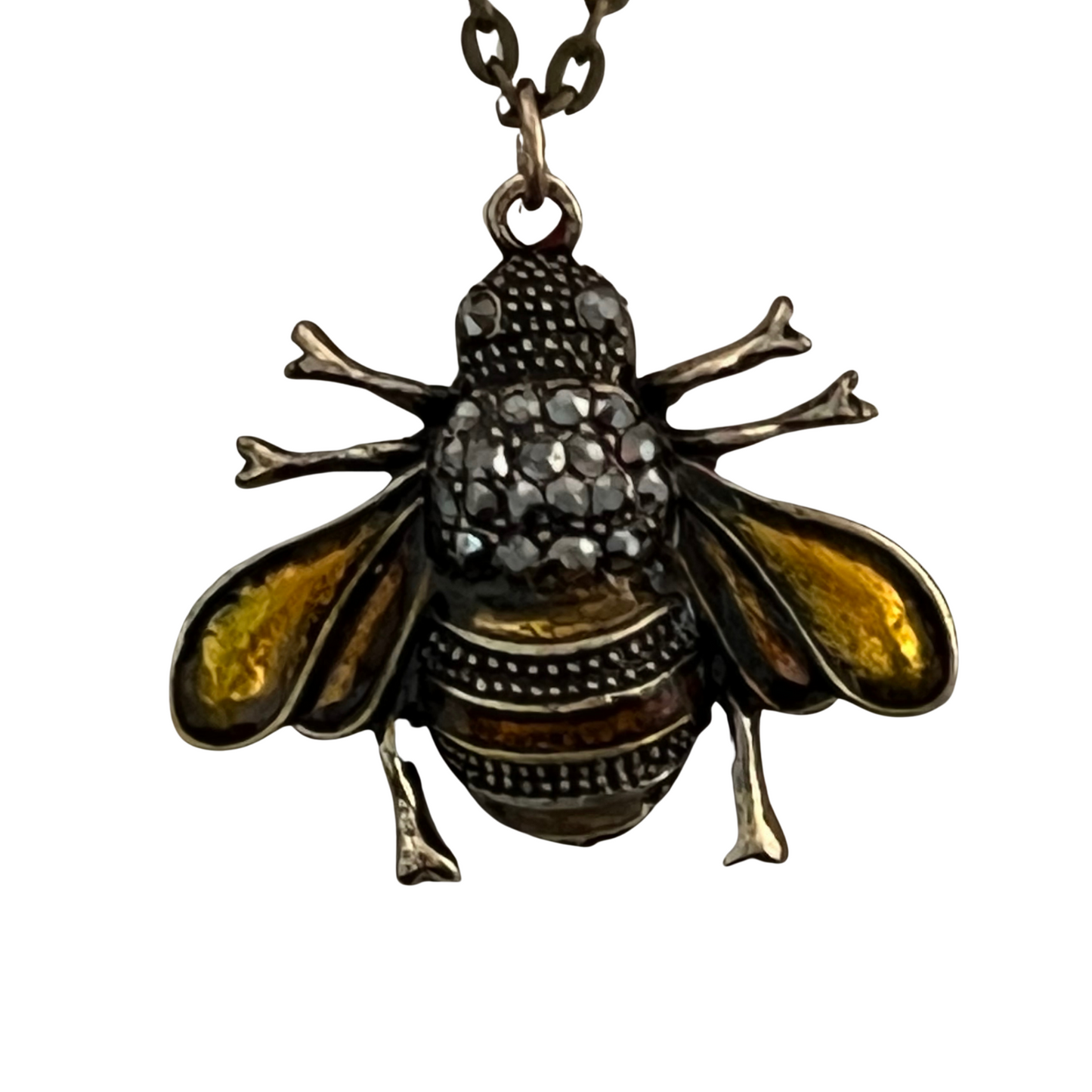 Cross Pollinator Rhinestone and Enamel Bumblebee Brass Necklace