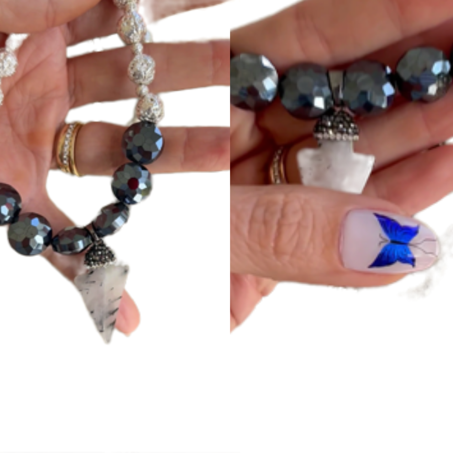 Jael Quartz, Black Lava Rock and Glass Beaded Necklace with Arrow Pendant