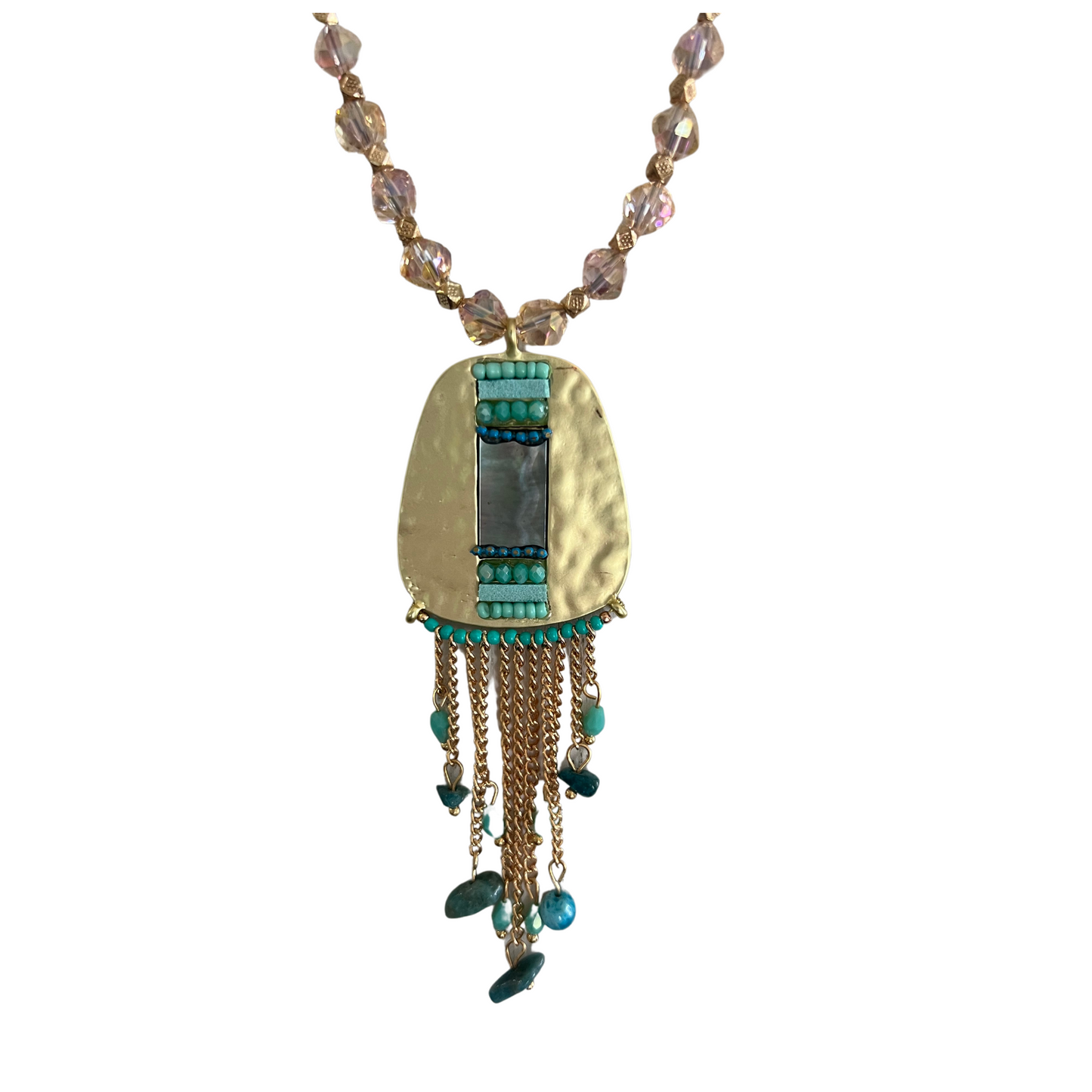 Dancing in the River Necklace with Glass Beads and A Gorgeous Statement Pendant With Blue Stones and Real Shell